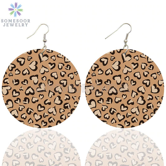 Brown Leopard w/ Hearts Wooden Earrings