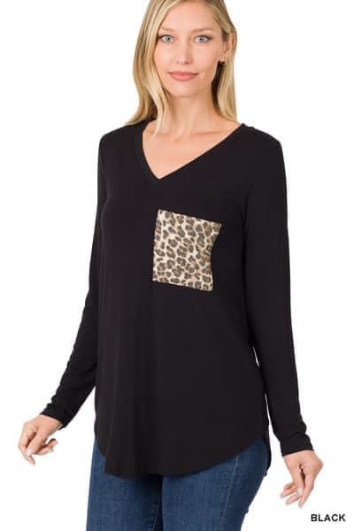 Zenana Black Long Sleeve Top w/ Leopard Print Pocket