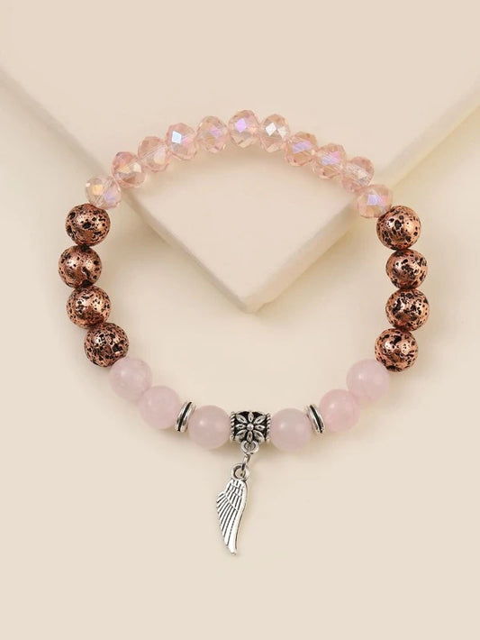 Pink Beaded Bracelet with Wing Charm