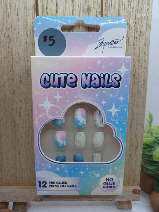 Pink & Blue Unicorn Little Girls Nails w/ White Glitter