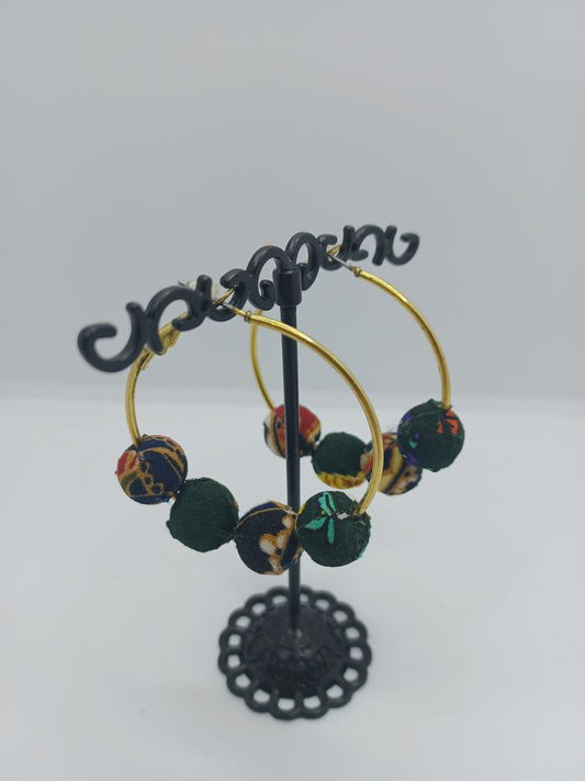 Gold Hoop Earrings with Fabric Beaded Details
