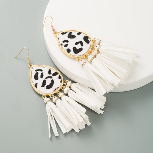 White Leopard Tassel Style Earrings
