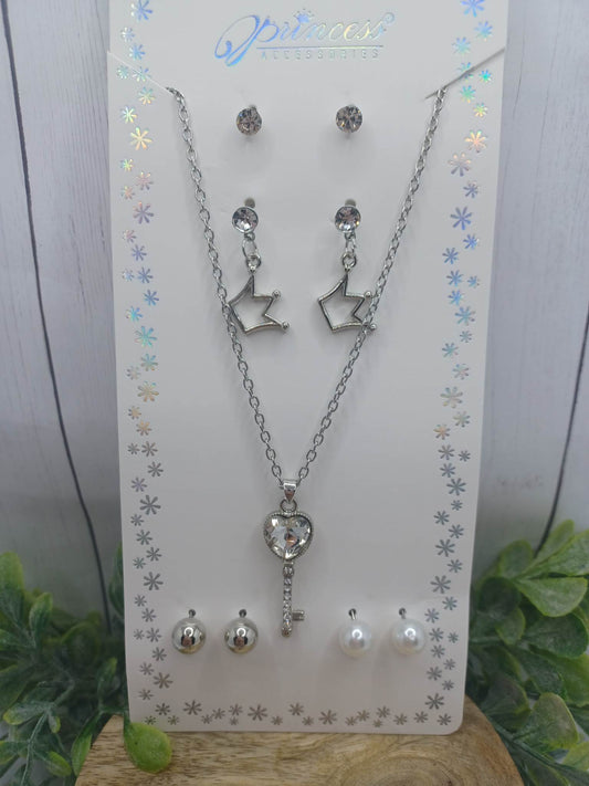 Silver Key Necklace & Earrings Set w/ Princess Crown Earrings
