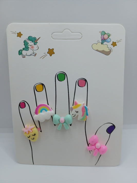 Ring Set - Yellow Fruit, Green Bow, Unicorn, Pink Bow, & Star