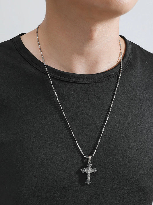 Silver Cross Necklace w/ Rhinestones