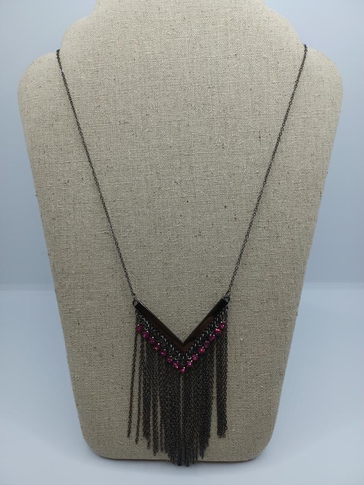 Gunmetal Necklace with Pink Rhinestones and Tassels