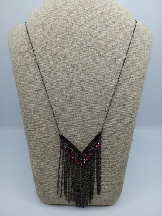 Gunmetal Necklace with Pink Rhinestones and Tassels