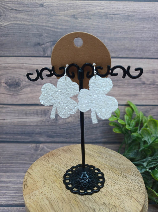White Glitter Mini Shamrock Shaped Earrings