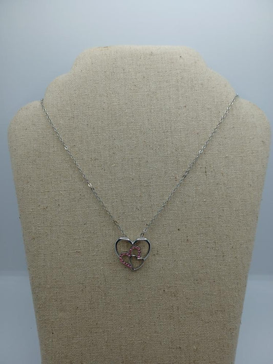 Silver Triple Heart Necklace w/ Pink Rhinestones