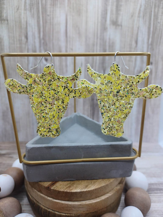 Yellow Glitter Cow Head Cutout Leather Style Earrings