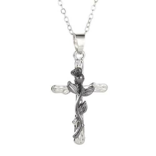 Cross Necklace w/ Gunmetal Flower
