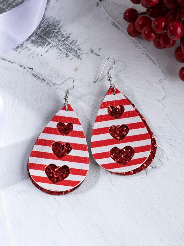 Striped Red and White Leather Style Earrings with Heart Peekaboo