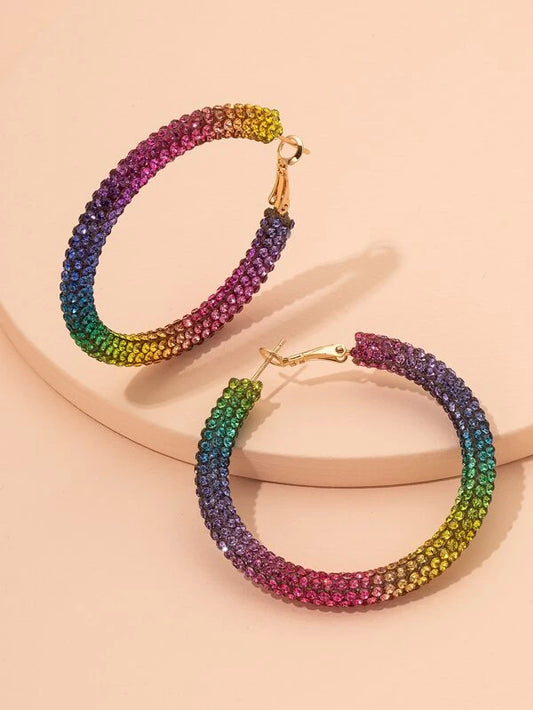 Rainbow Rhinestone Hoop Earrings
