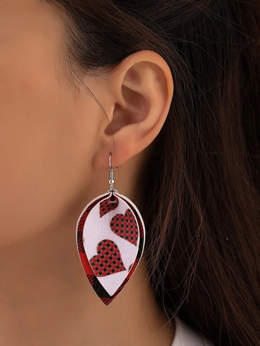 Buffalo Plaid Reverse Teardrop Leather Style Heart Earrings