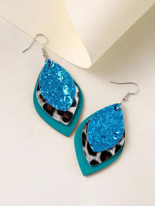 Triple Layered Teal & Animal Print Style Leather Earrings