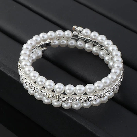 White Pearl and Rhinestone Wrap Bracelet