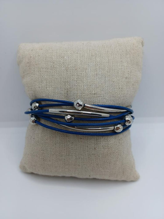 Blue Leather Bracelet w/ Silver Accents