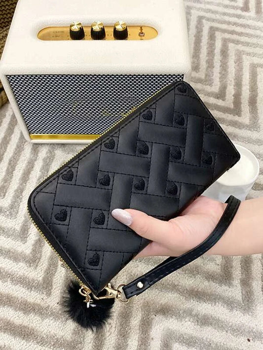 Black Quilted & Heart Embroidered Wallet w/ Lanyard & Pom