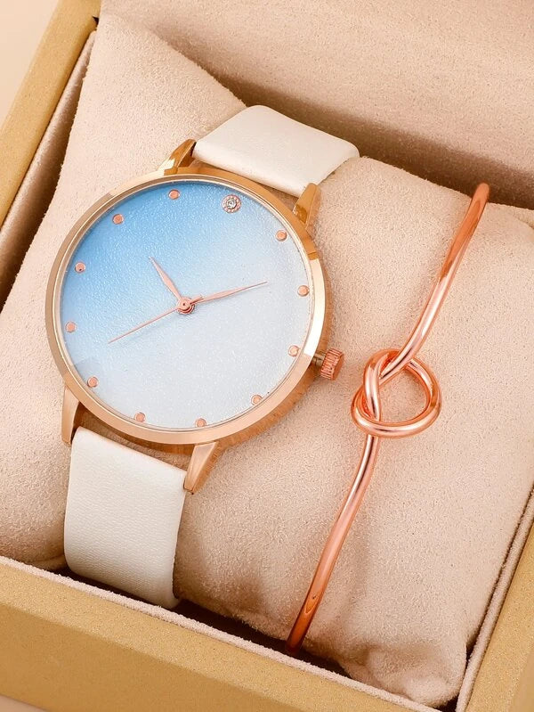 White Leather Style Banded Watch w/ Rose Gold Knot Bracelet Set