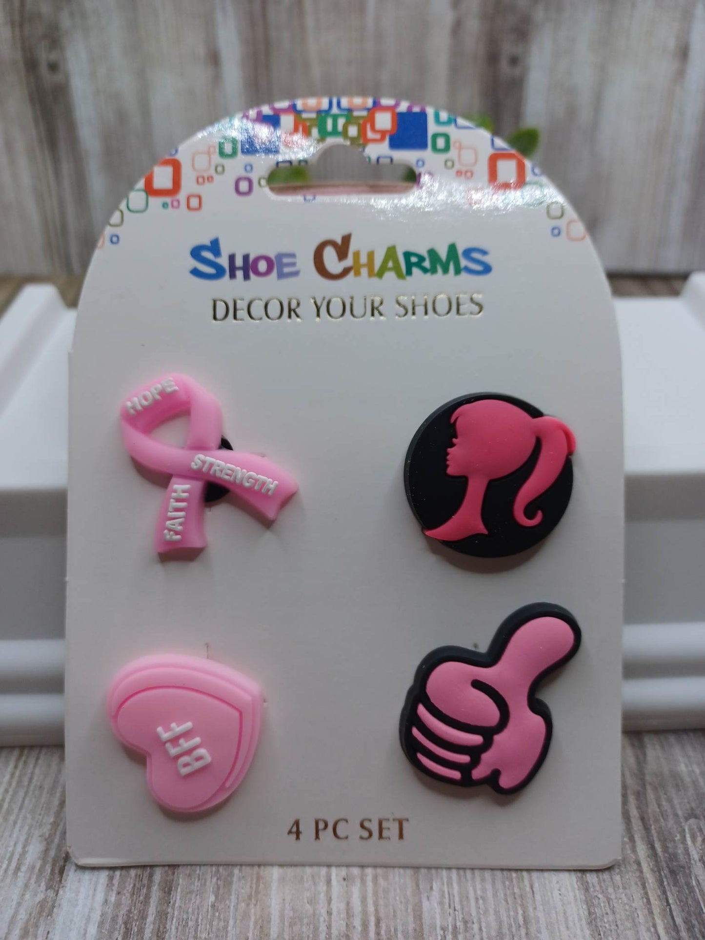 Pink Ribbon, Doll, Heart, & Thumbs Up Shoe Charm Accessory Set