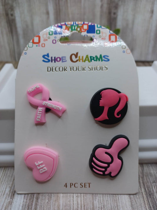 Pink Ribbon, Doll, Heart, & Thumbs Up Shoe Charm Accessory Set