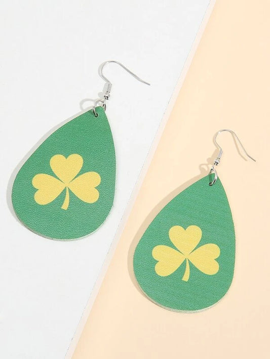 Green w/ Yellow Shamrock Leather Style Earrings