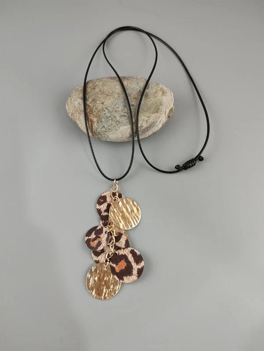 Leopard and Textured Gold Disc Necklace
