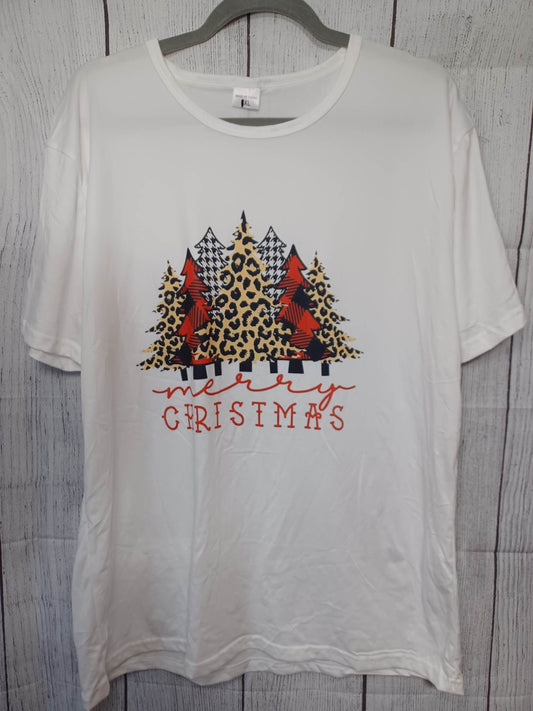 Merry Christmas T shirt w/ Plaid & Leopard Christmas Trees - Size 1XL