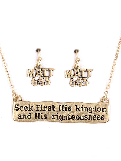 Gold "Seek first His Kingdom and His righteousness" Inspirational Necklace