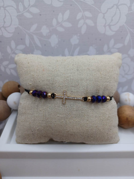 Purple Beaded Cross Bracelet