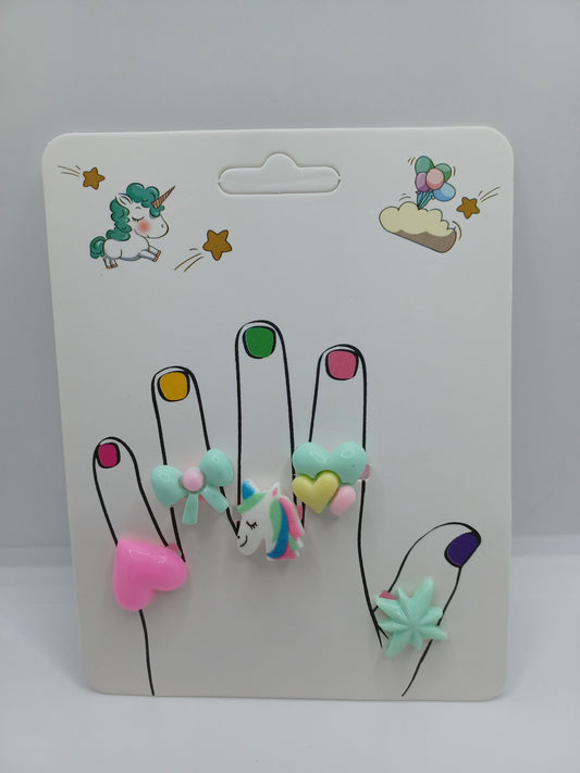 Ring Set - Pink Heart, Bow, Unicorn, Hearts, & Star