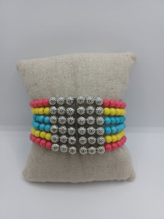 Pink, Yellow, and Blue Beaded Bracelet