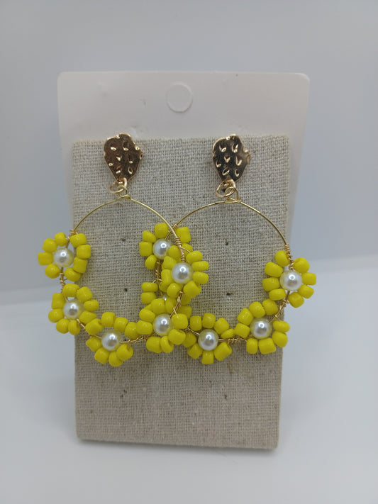 Yellow Seabeaded Flower Earrings