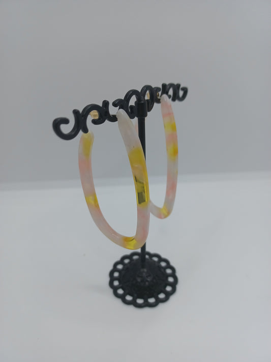Pink Yellow & White Acrylic Marble J Style Hoop Earrings