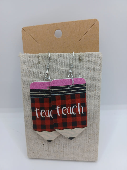Buffalo Plaid Pencil w/ Darker Eraser Teacher Earrings