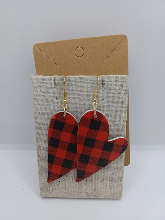 Red Buffalo Plaid Elongated Leather Earrings