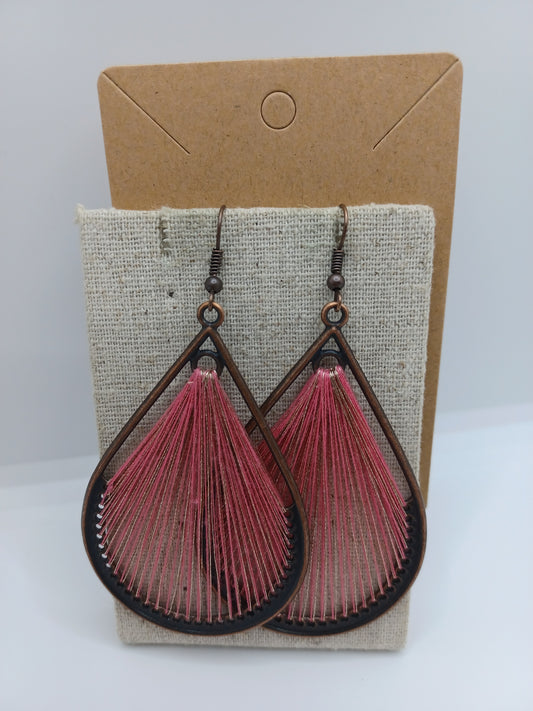 Copper w/ Pink Threaded Teardrop Shaped Earrings