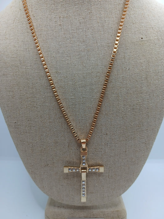 Gold Cross Necklace w/ Rhinestones