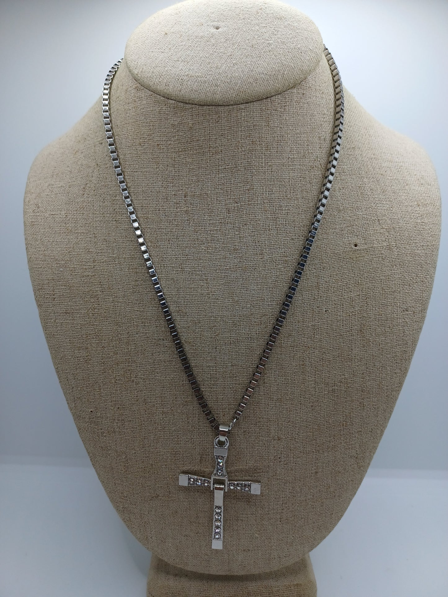Silver Cross Necklace w/ Rhinestones