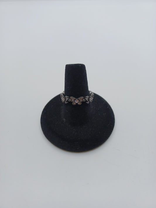 Gunmetal Butterfly Pattered Ring w/ Rhinestone Accents