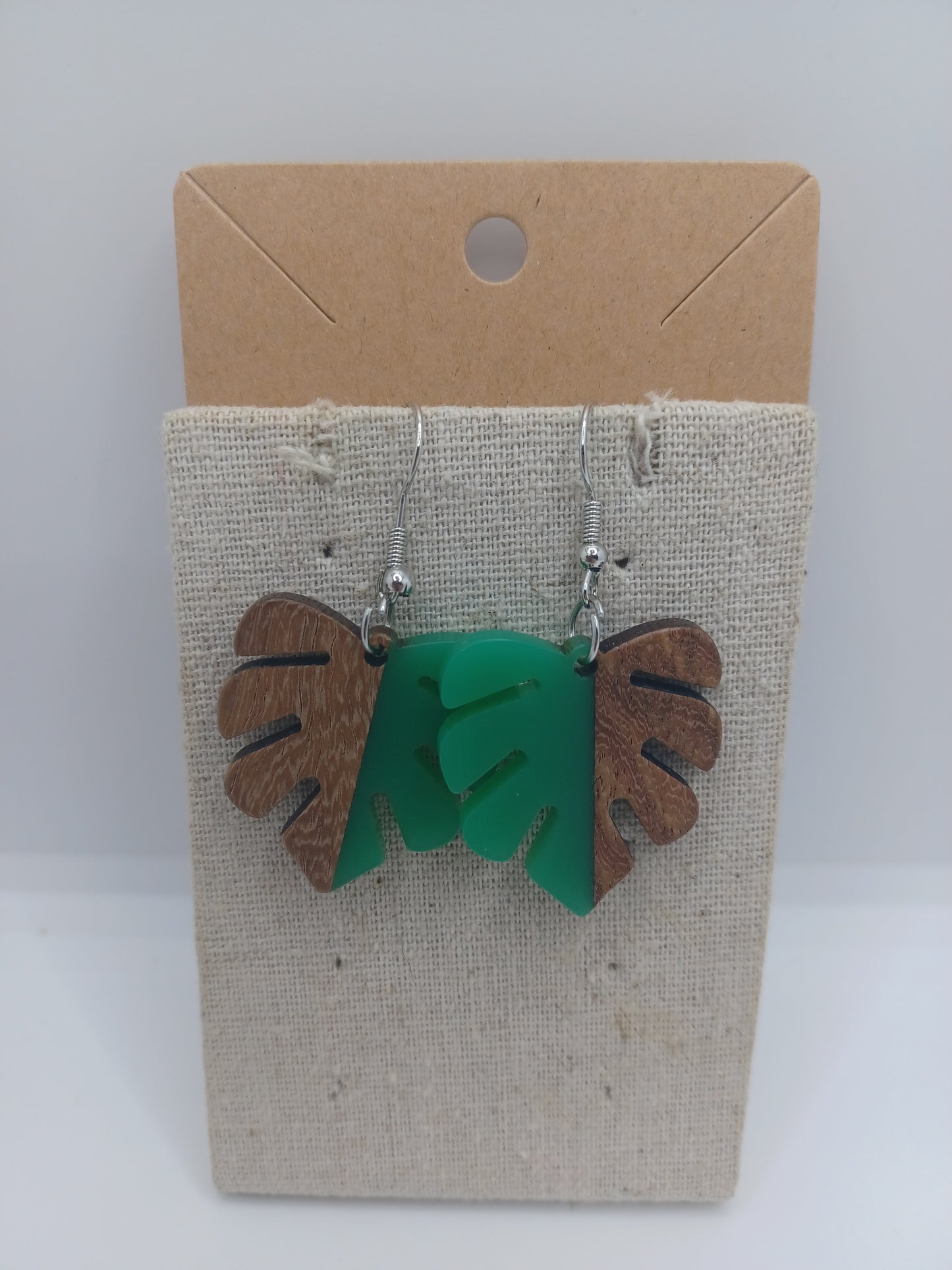 Green & Wooden Leaf Shaped Earrings