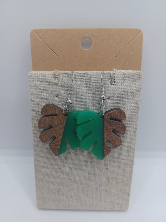 Green & Wooden Leaf Shaped Earrings