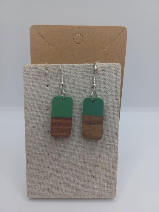 Green & Wood Rectangular Earrings
