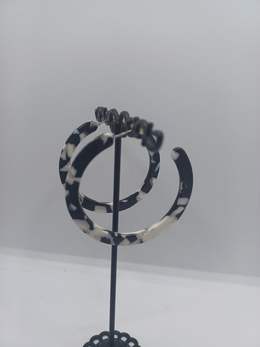Black & White Marble Acrylic Style Post Back Hoop Earrings