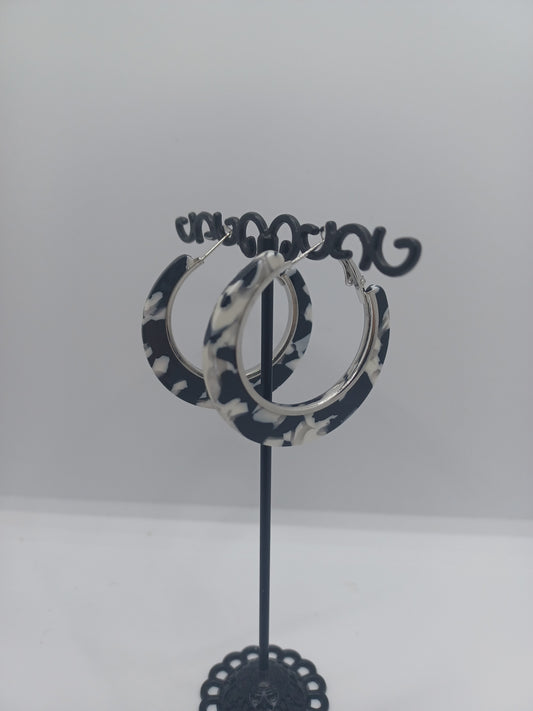 White & Black Marble Acrylic Design Closed Hoop Earrings