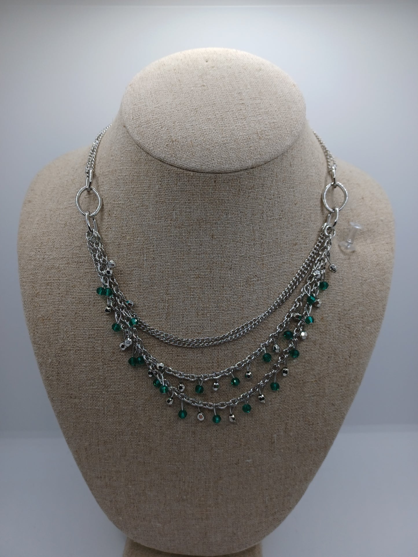 Silver Layered Necklace w/ Green Beading