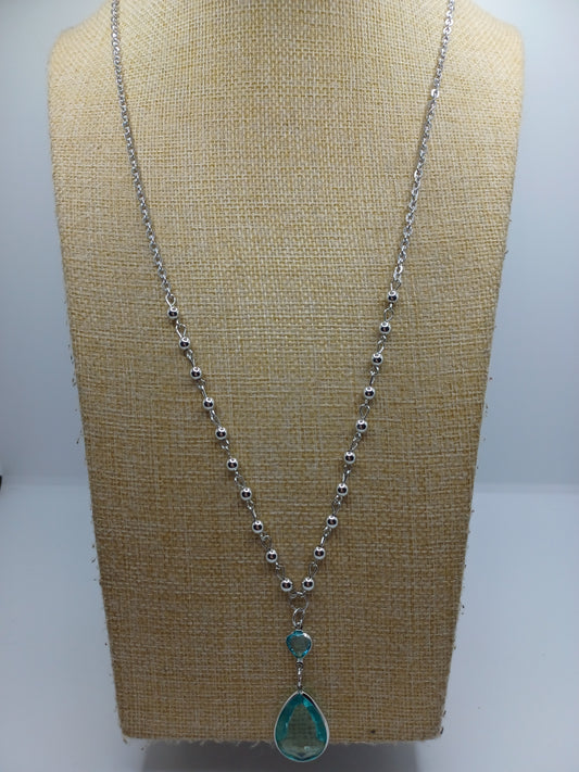 Silver Y Style Necklace w/ Blue Beading Accents & Pendant