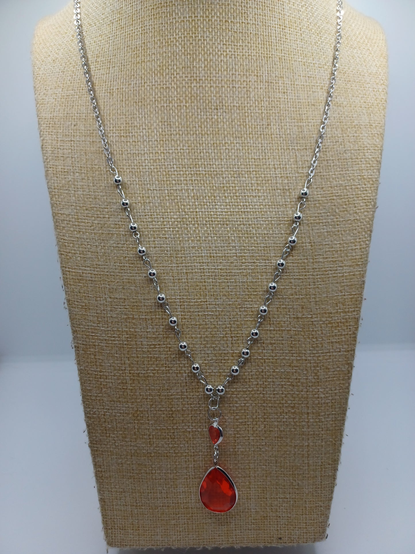 Silver Y Style Necklace w/ Red Beading Accents & Pendant