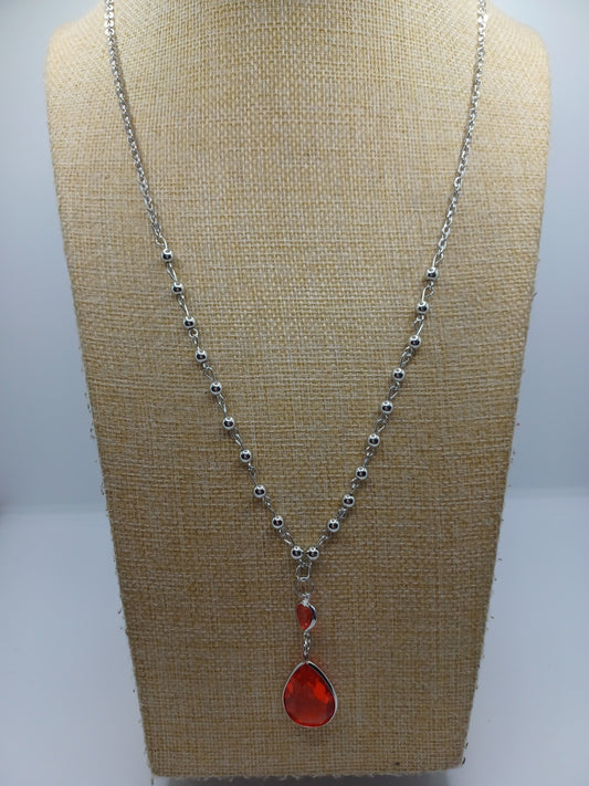 Silver Y Style Necklace w/ Red Beading Accents & Pendant