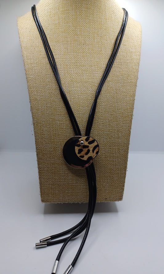 Black Leather Style Necklace w/ Silver, Black, & Leopard Stacked Pendant